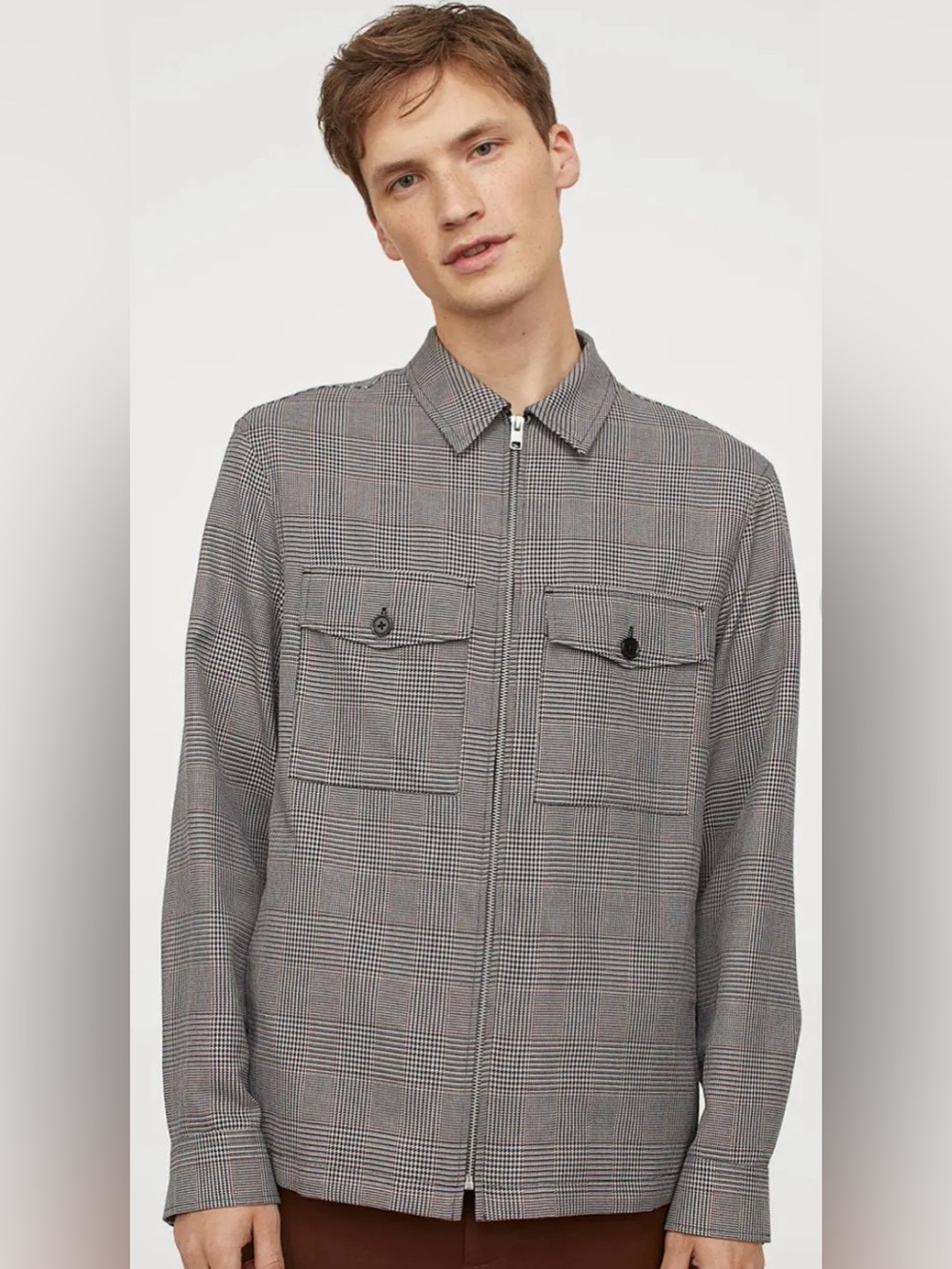 H&M Glen Check Plaid Zip-Up Shirt Jacket